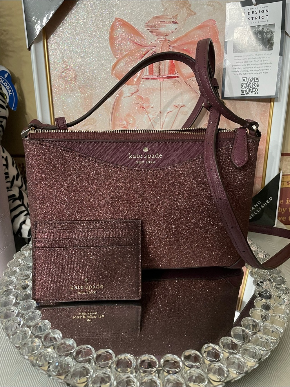 kate spade New York Glitter Crossbody Bag in Deep Plum w/card case